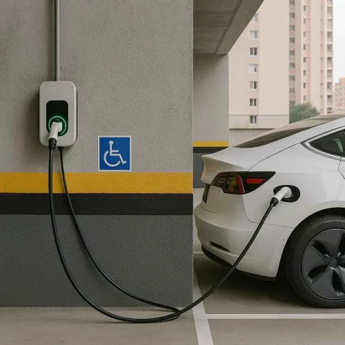 Estação de carregamento para veículo elétrico instalada em uma parede.